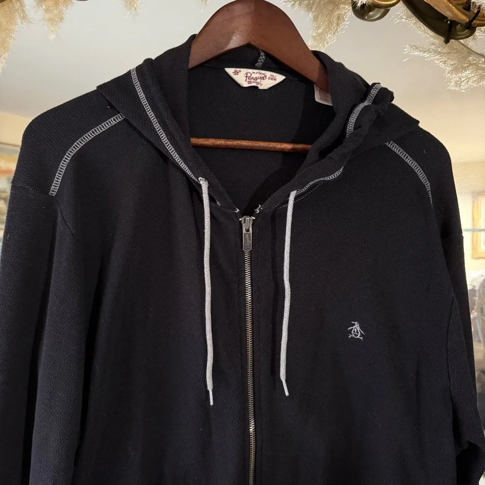 Original Penguin Black and Grey Zip Up Waffle Knit Lightweight Jacket